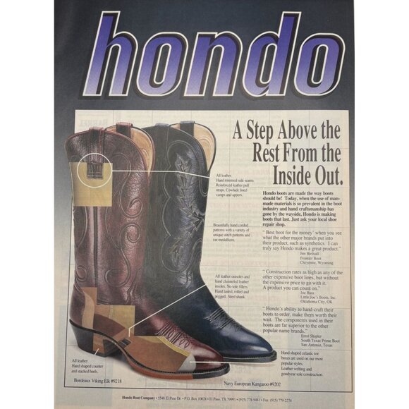 Hondo Boots Vintage Print Ad1990s Western Cowboy Fashion El Paso TX - Picture 6 of 7